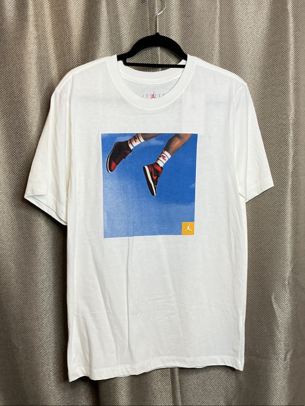 Jordan White Tee with Blue Square and Red/Black Sneaker Graphic